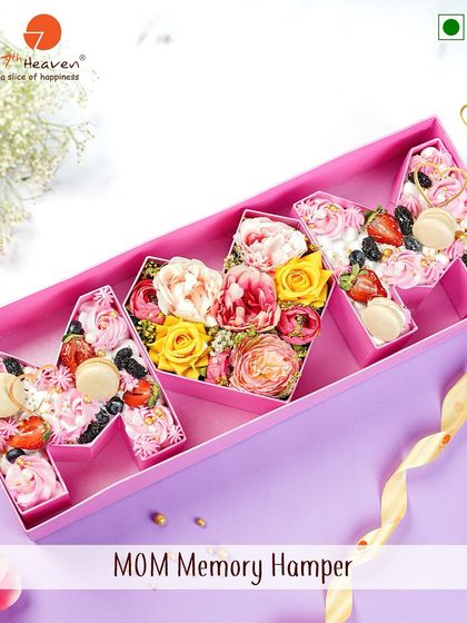 Our stunning "MOM" Memory Hamper, where each letter is a cake filled with flowers, fruits, and macarons. A truly special Mother's Day gift.