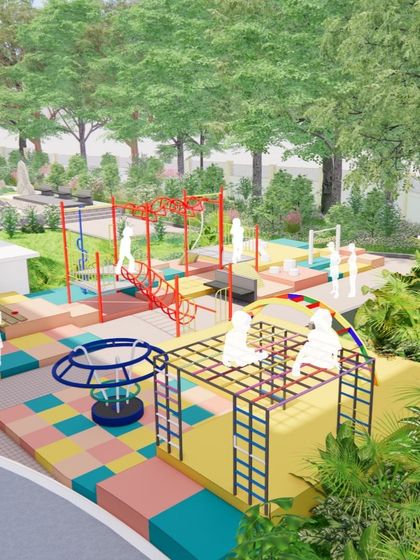 This concept visualization shows a colorful and dynamic play zone for a residential project, featuring a variety of equipment for different age groups.