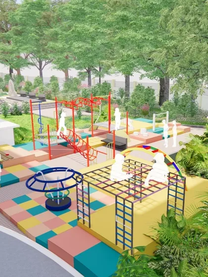 This concept visualization shows a colorful and dynamic play zone for a residential project, featuring a variety of equipment for different age groups.