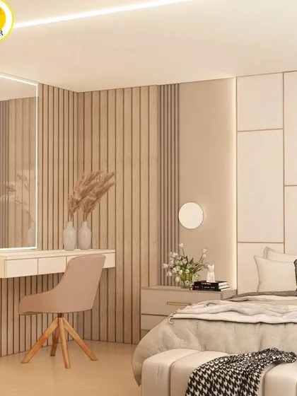 A beautiful bedroom corner featuring a floating dressing table with a backlit mirror, set against a backdrop of vertical wood paneling.