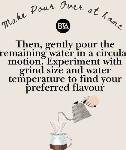 A simple instruction for making pour-over coffee at home. After the bloom, you gently pour the remaining water in a circular motion.
