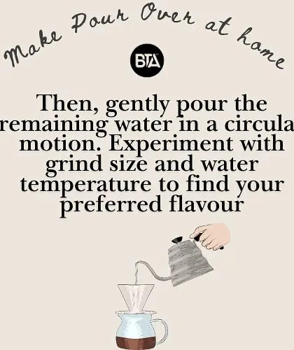 A simple instruction for making pour-over coffee at home. After the bloom, you gently pour the remaining water in a circular motion.
