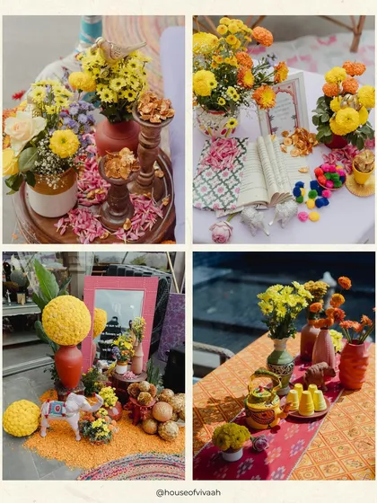 A collage of the vibrant Haldi decor, with close-ups of the colorful floral arrangements in terracotta vases and other traditional, rustic details.