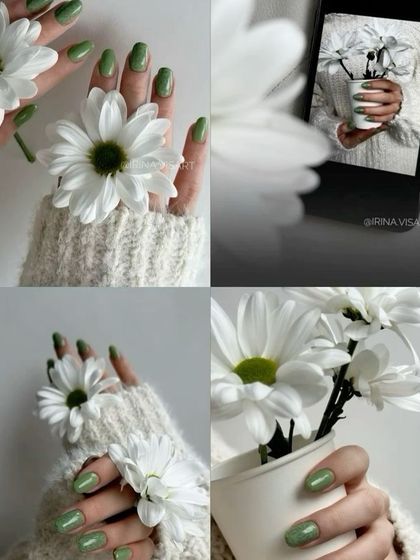 An aesthetic collage showing a beautiful green manicure, perfect for spring.