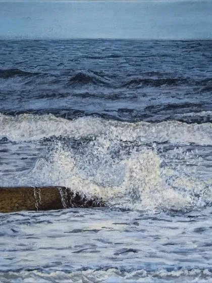 An acrylic painting of ocean waves crashing against a seawall. This piece was an exploration in capturing the movement and energy of water.