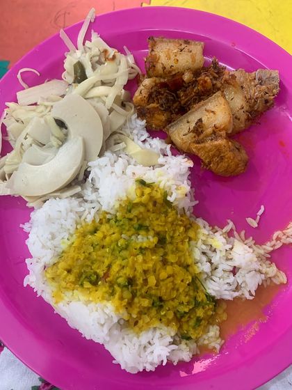 A delicious plate with pork, boiled bamboo shoot, dal, and rice. Simple, yet so satisfying.