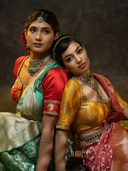 Another powerful shot from our Dussehra campaign, featuring two distinct looks that highlight the beauty of custom-designed ethnic wear.