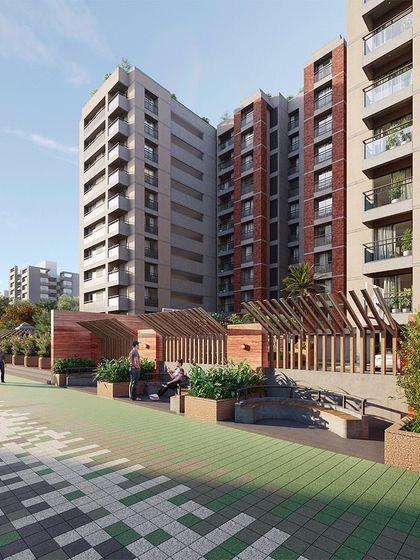 The "Pixelscapes" entrance uses patterned flooring to define pedestrian-safe zones, blurring the line between hardscape and landscape while ensuring functionality.