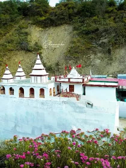 A view of the Bhuteshwar Maharaj Maipul Temple with blooming flowers in the foreground. Using elements of nature helps to frame the subject and add beauty and color to the scene.