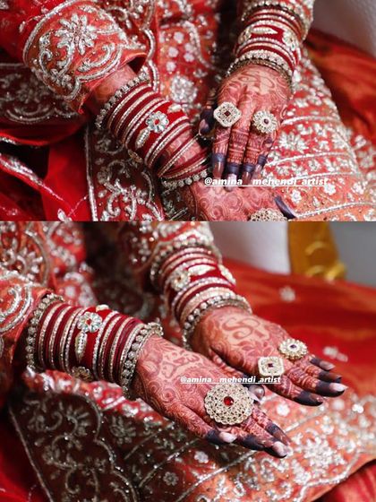 Another look at the stunning bridal stain, perfectly complementing the bride's jewelry and outfit.