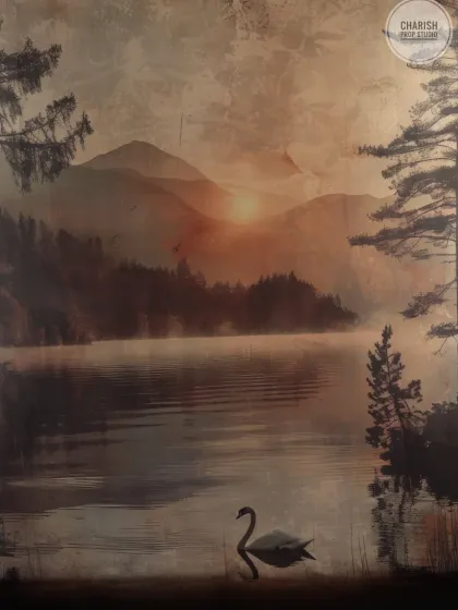 This painted landscape backdrop of a lake at sunset adds a touch of artistic and natural beauty to your indoor studio session.