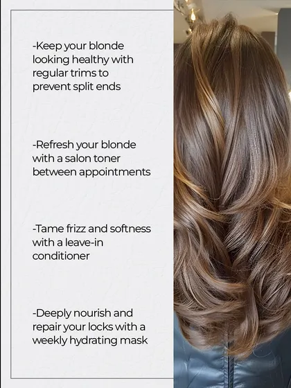 To maintain a beautiful blonde, we teach the importance of regular trims, salon toners, leave-in conditioners, and weekly hydrating masks.