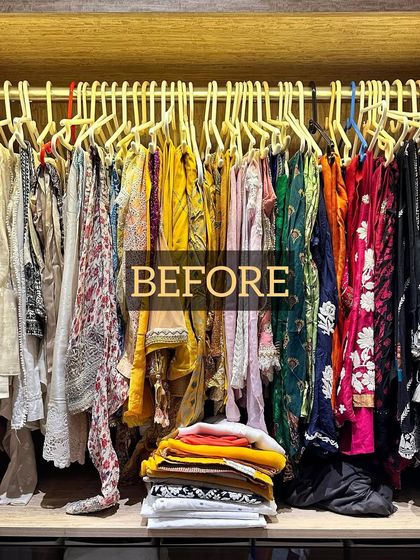 Before: Another example of a hanging section with bulky, mismatched hangers and clothes piled on the shelf below, a common problem we love to solve.