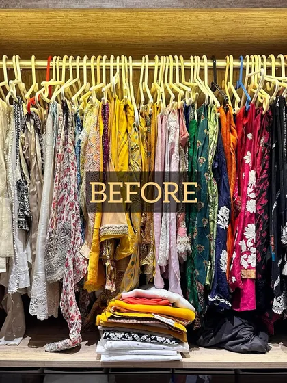 Before: Another example of how different hanger types and overcrowding can make a wardrobe feel messy and inefficient.