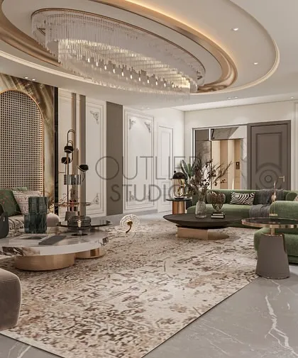 From this angle, you can appreciate the rich textures and materials used. The combination of polished marble floors, plush rugs, and metallic accents creates a sophisticated and inviting environment for both relaxing and entertaining.