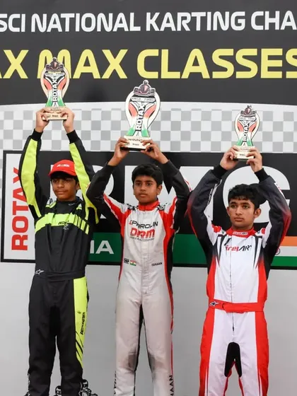 Our driver Hunner Singh on the podium for the Rotax Max Classes 2023. His consistent top-five finishes across all races secured him P2 in the championship.