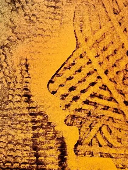 A duplicate of the previous 'Sand Sangam' piece, where a face is suggested within the abstract lines and textures against a cityscape-like background.