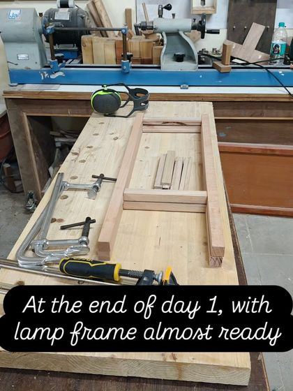 This is the result at the end of day one of the Kumiko lamp workshop. The main lamp frame, built from Beech Wood, is assembled and ready for the detailed Kumiko panel work on day two.