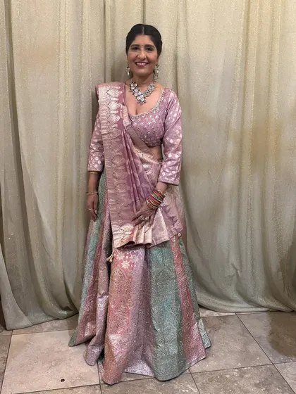 I love seeing my clients shine. Here, a beautiful client wears one of my statement necklace sets, perfectly complementing her traditional Banarasi lehenga for a wedding event. It shows how the right jewellery can complete a regal look.
