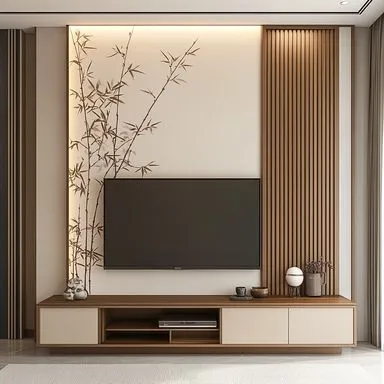 An elegant TV unit with a Japanese-inspired aesthetic, featuring a painted bamboo motif on the back panel. The design is balanced with a vertical wood-slat panel and a low, minimalist console.