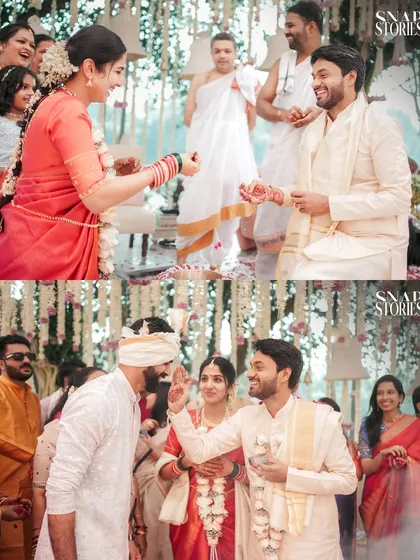 A collage of fun, candid moments from a wedding ceremony. We document the playful interactions with family and friends that make the day memorable.