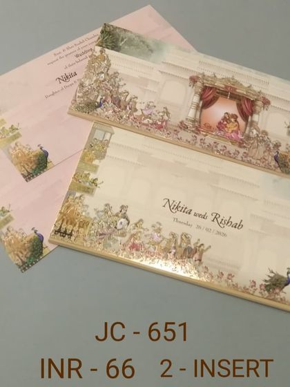 A classic wedding card depicting a 'doli' scene, symbolizing the bride's journey. The detailed illustration and soft color palette make it a heartfelt choice for a traditional wedding.