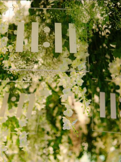 A detail from a garden wedding, with custom acrylic signs hanging amidst a canopy of fresh white orchids and greenery.