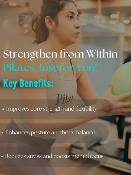This image summarizes the key benefits of my Pilates sessions. The client is using a stability ball to engage her core while performing an exercise on the reformer box.