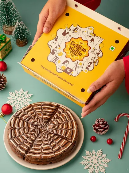 A festive shot of a waffle cake for The Belgian Waffle Co. We created a Christmas-themed flat lay to make the product perfect for holiday promotions.