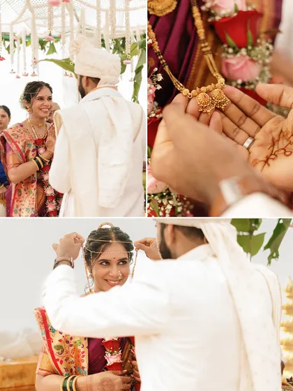 A collage of significant Marathi wedding rituals. We capture the tying of the mangalsutra and other key moments with a focus on the emotion and detail.
