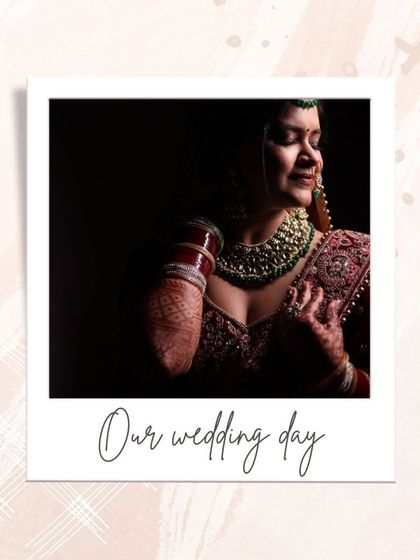 A soft, intimate portrait capturing the bride's calm and happy expression. The polaroid-style frame gives it a warm, nostalgic feel, like a cherished memory from the wedding day.