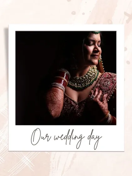 A soft, intimate portrait capturing the bride's calm and happy expression. The polaroid-style frame gives it a warm, nostalgic feel, like a cherished memory from the wedding day.