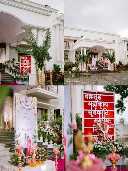 A collage showcasing the welcoming decor at Maithili and Dhruv's engagement, featuring traditional elements and personalized signs.