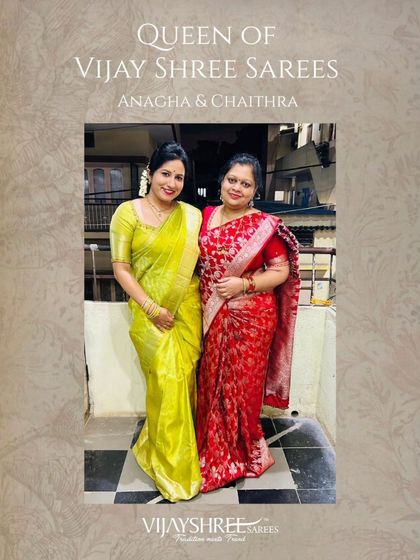 Our patrons Anagha and Chaithra celebrating Varamahalakshmi in our sarees. Anagha wears a vibrant lime green Kanjivaram, while Chaithra is in a festive red Banarasi.