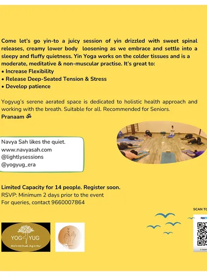 The back of my flyer for an introductory class in Jaipur, explaining the benefits of Yin Yoga. It is great for increasing flexibility, releasing stress, and developing patience.