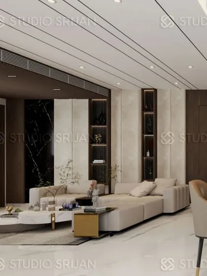 The linear design of the ceiling and the strategic placement of shelving create a sense of order and sophistication in this open-plan living space.