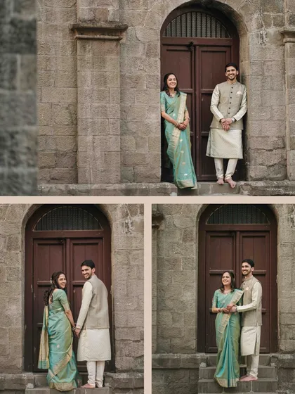 A collage of moments from a heritage pre-wedding shoot, showing a variety of poses and interactions that capture the couple's story against a beautiful backdrop.