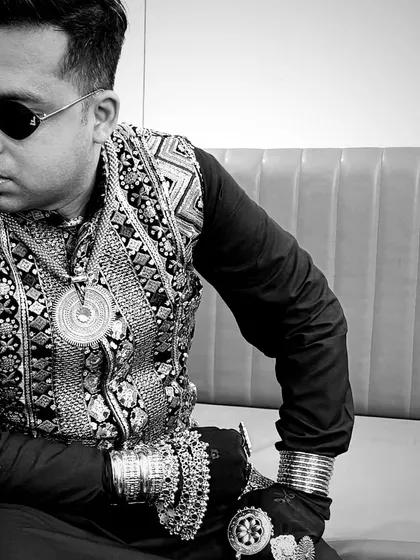 A black and white shot that emphasizes the textures and details of my traditional Rajasthani-style outfit for a Navratri event.