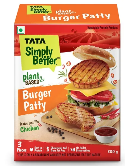 This packaging shot for Tata Simply Better's plant based Burger Patty shows the product in both its raw and cooked state within a burger. This deconstructed approach clearly communicates what the product is and how to use it.