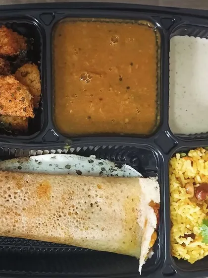To offer some variety, I sometimes prepare this South Indian Platter. It includes a crisp dosa, flavorful sambar, coconut chutney, tangy lemon rice, and fried idli, giving you a different taste experience.