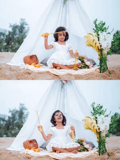 A whimsical beach setup with a teepee tent provides a perfect backdrop for this little girl's playful spirit. These styled elements add a touch of magic to children's photography sessions without feeling forced.