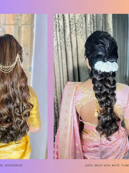 This image showcases two popular styles you'll learn: a half-up style with soft waves and a pearl accessory, and a classic Dutch braid adorned with white flowers.