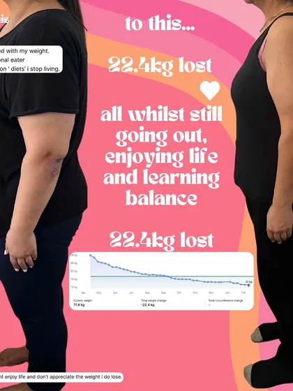 This isn't just about my journey; it's about the real women I help. This incredible client lost 22.4kg, smashing her goals just before her 50th birthday. She did this while enjoying life and learning balance, proving that it's never too late to take back control.