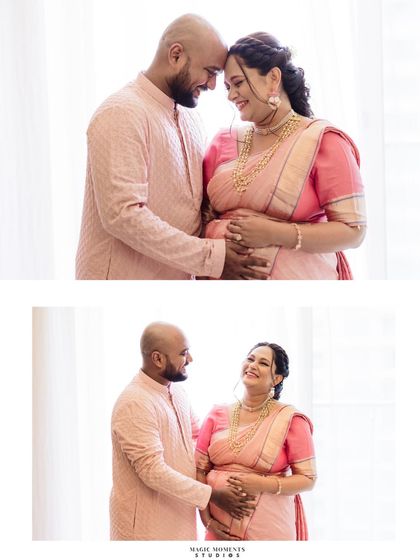 A diptych of loving interactions. These two shots show the couple sharing a laugh and a tender forehead-to-forehead moment, showcasing their bond.