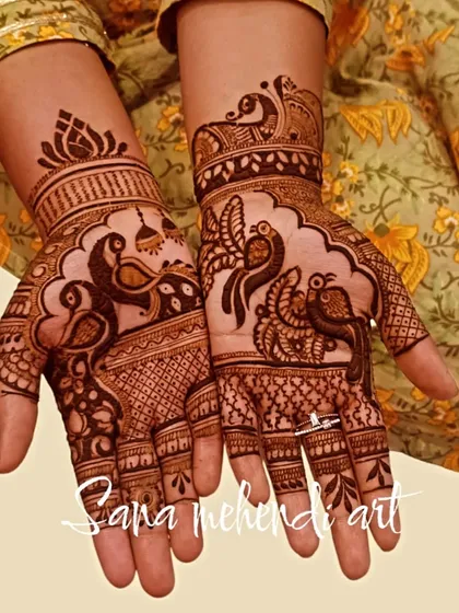 A playful design with multiple peacock figures, each with a unique posture, creating a lively scene on the hands.
