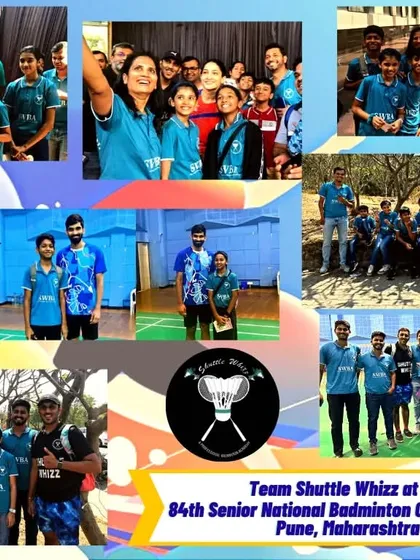 A collage capturing the memorable moments of Team Shuttle Whizz at the 84th Senior National Badminton Championship in Pune.