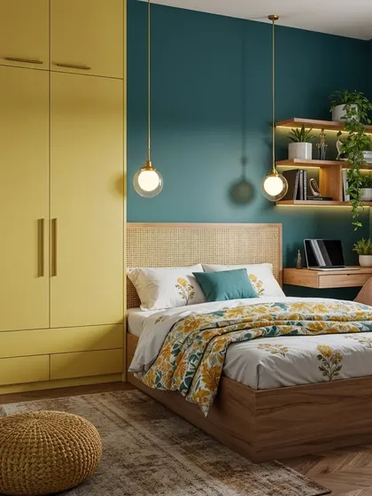 A cozy and vibrant bedroom where a deep teal wall provides a backdrop for a cheerful yellow wardrobe and natural wood furniture.