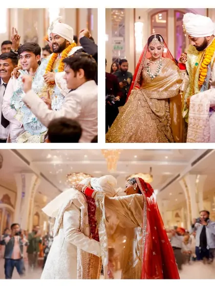 A collage of key wedding moments: the groom's energetic baraat, the couple's jaimala (garland exchange), and the bride's grand entry.