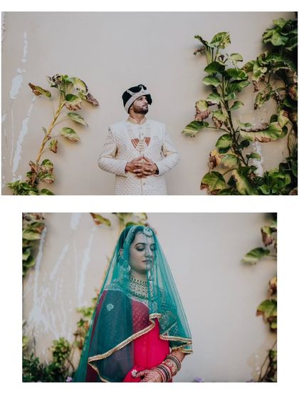 A diptych of individual portraits of the bride and groom against a simple wall, highlighting their striking outfits.