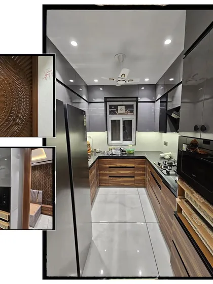 A detailed look at a completed project, showcasing a compact galley kitchen with grey and wood-finish cabinets, and a close-up of the sunburst-patterned carved wooden door.